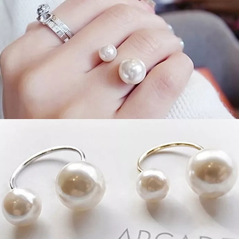 Pearl Silver Statement Coctail Ring Adjustable - Picture 3 of 3